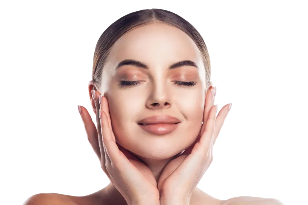 Woman with eyes closed, hands on cheeks, smiling.