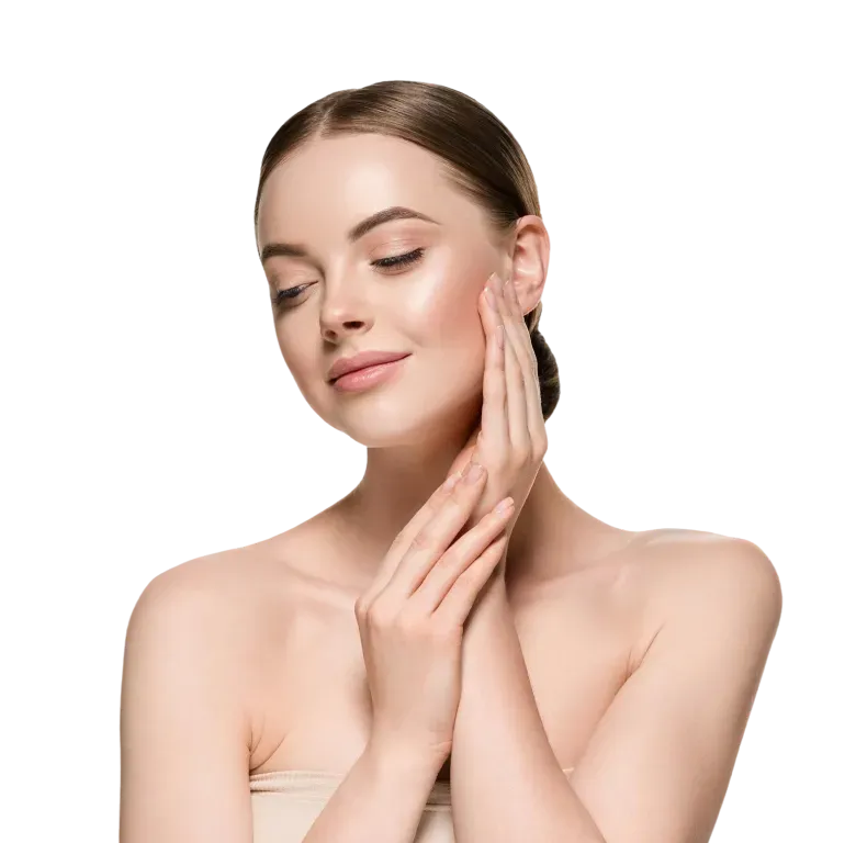 Woman with fair skin touches her face with both hands, eyes closed, smiling slightly.