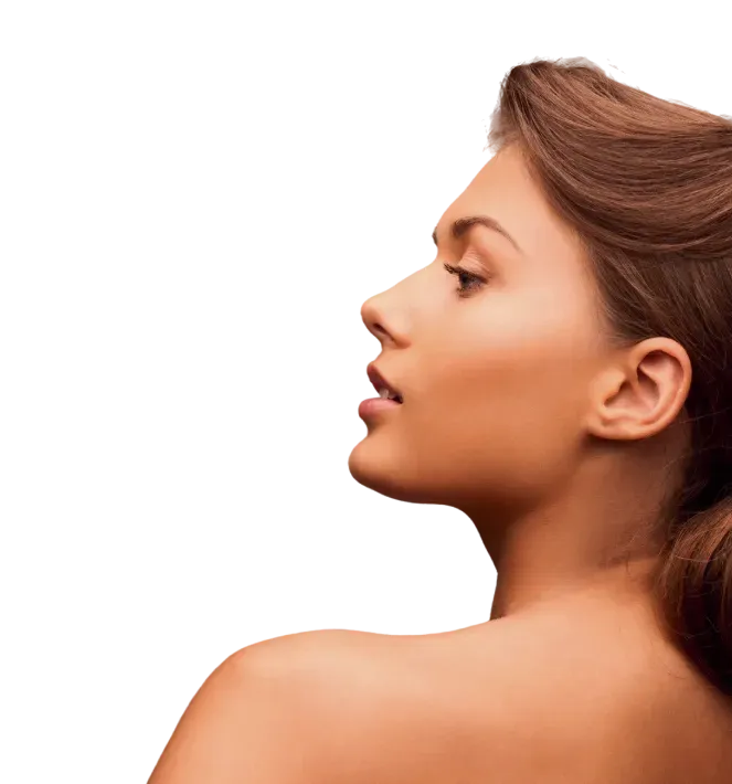 Woman with brown hair, in profile, looking upwards and to the left, shoulders bare, against a white background.