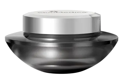 A jar of SkinMedica skin cream with a silver lid and a dark grey base.