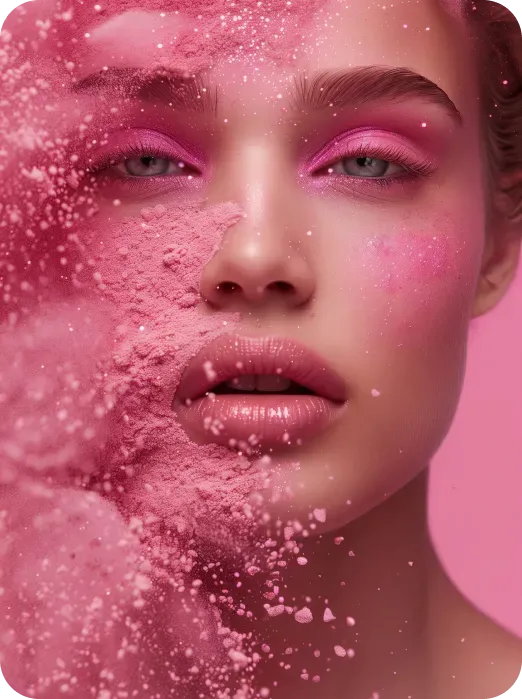 Woman's face partially covered in pink powder. Pink eye shadow, blush, and full lips.