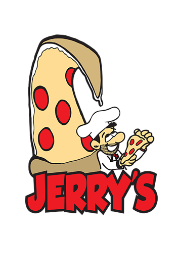 The logo for jerry 's pizza shows a man holding a slice of pizza.