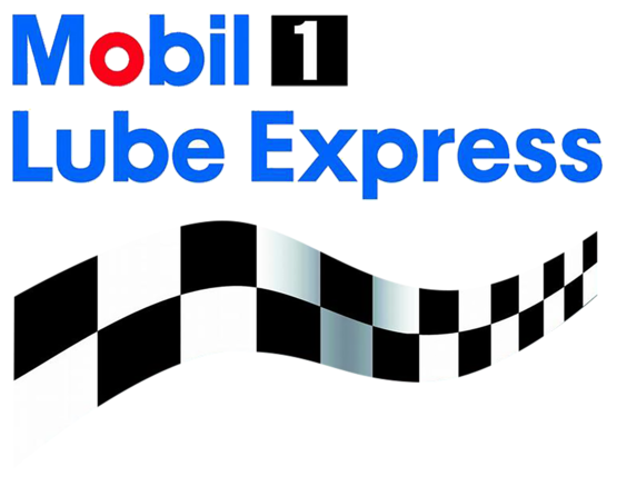 Mobil 1 Lube Express logo with blue and black text and a black-and-white checkered flag