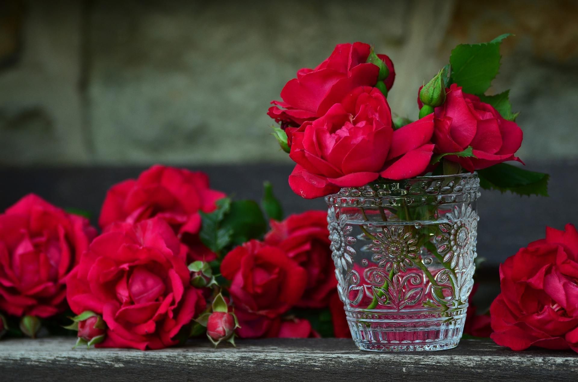 A vase filled with red roses is sitting on a table next to a bunch of red roses.