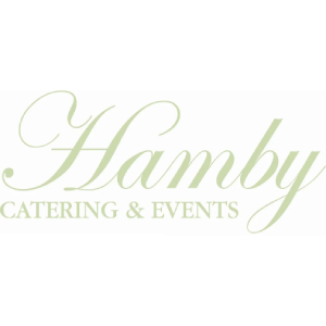 A logo for hamby catering and events with a white background