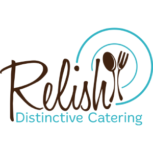 A logo for relish distinctive catering with a fork and spoon