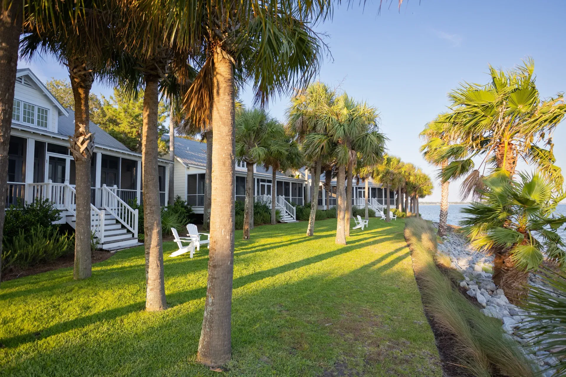 Arrangement of three harbor view Cottages with a water view of the Charleston Harbor