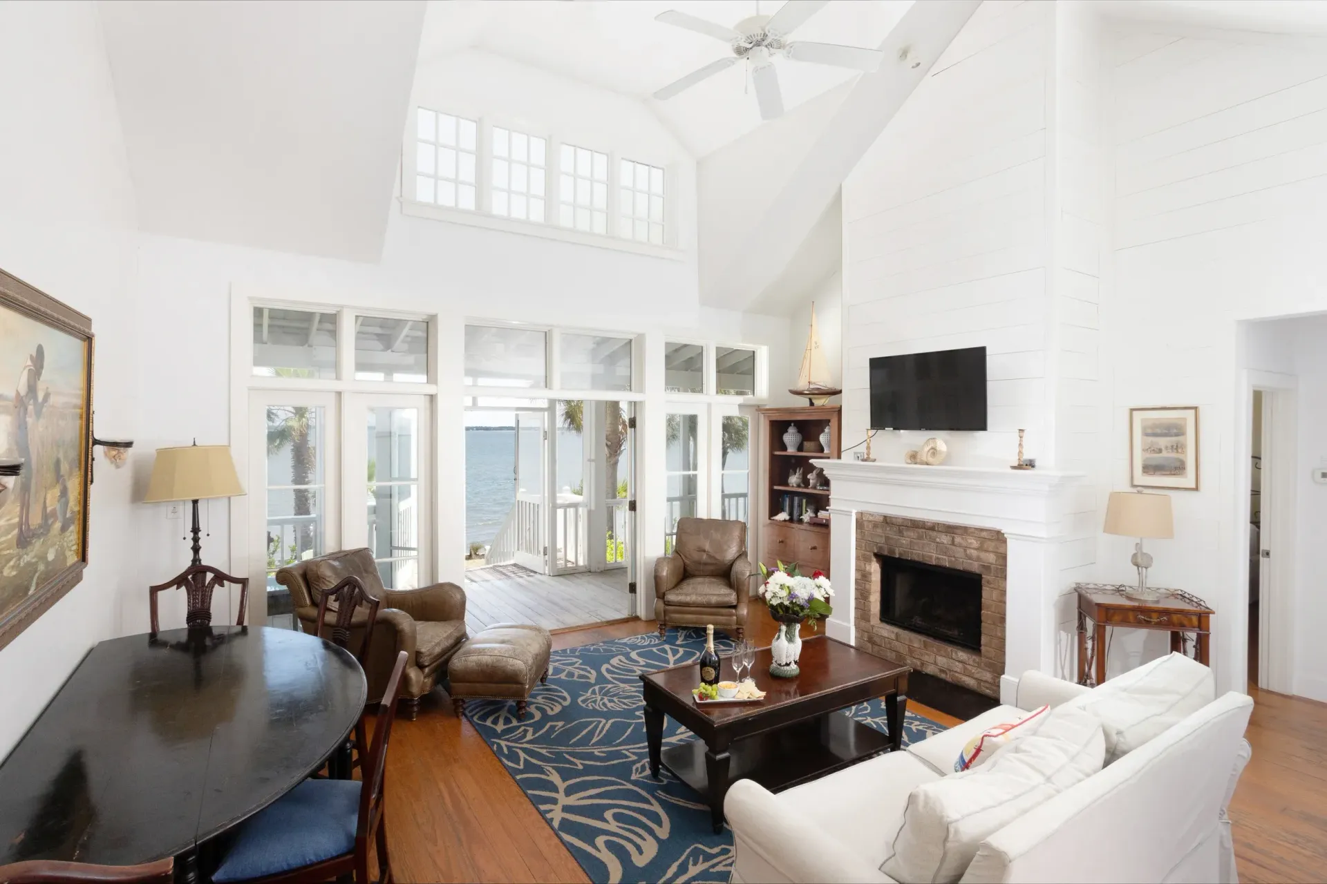Living room with French doors out onto the water front porch