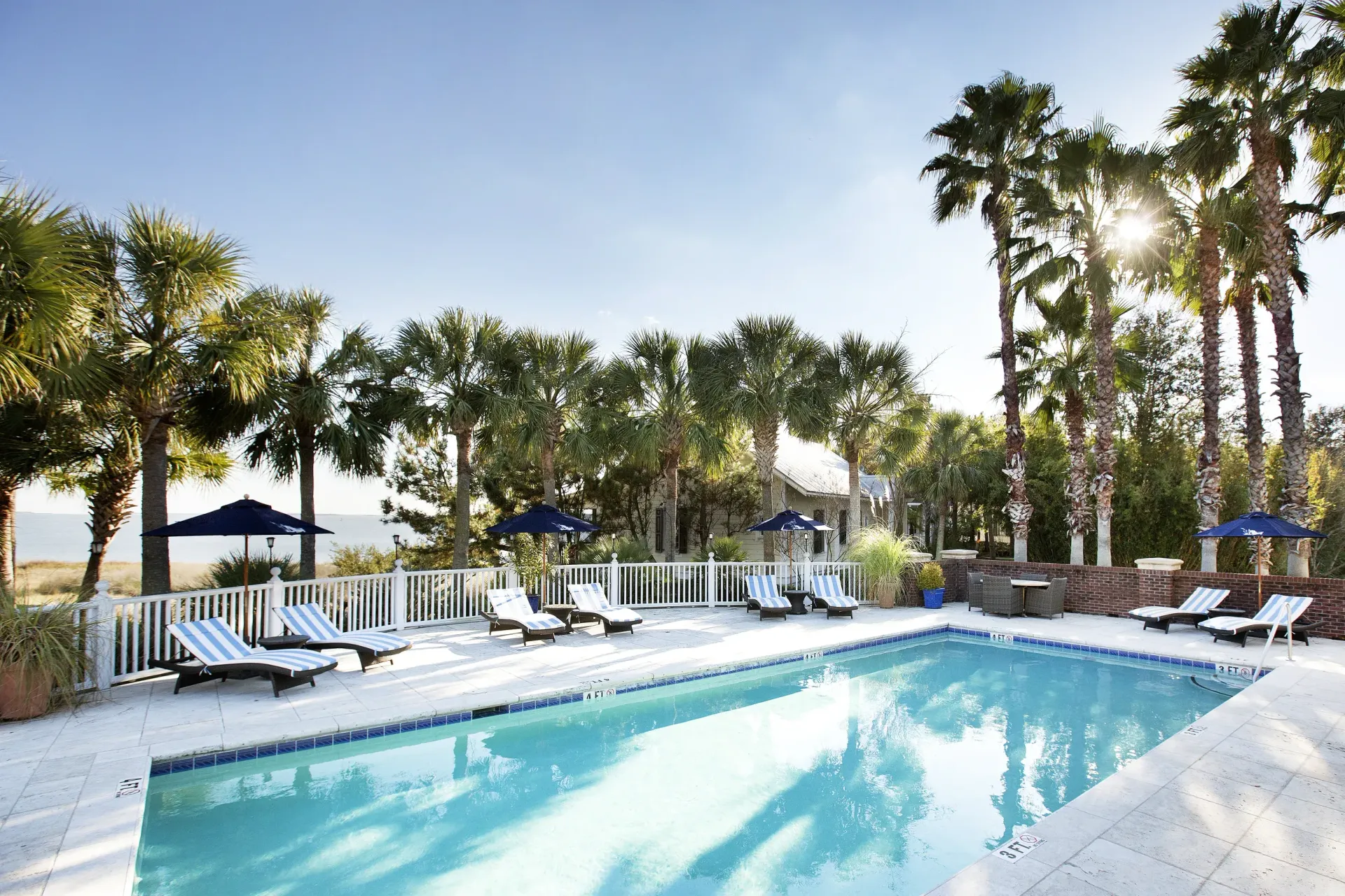 Community pool with a harbor view