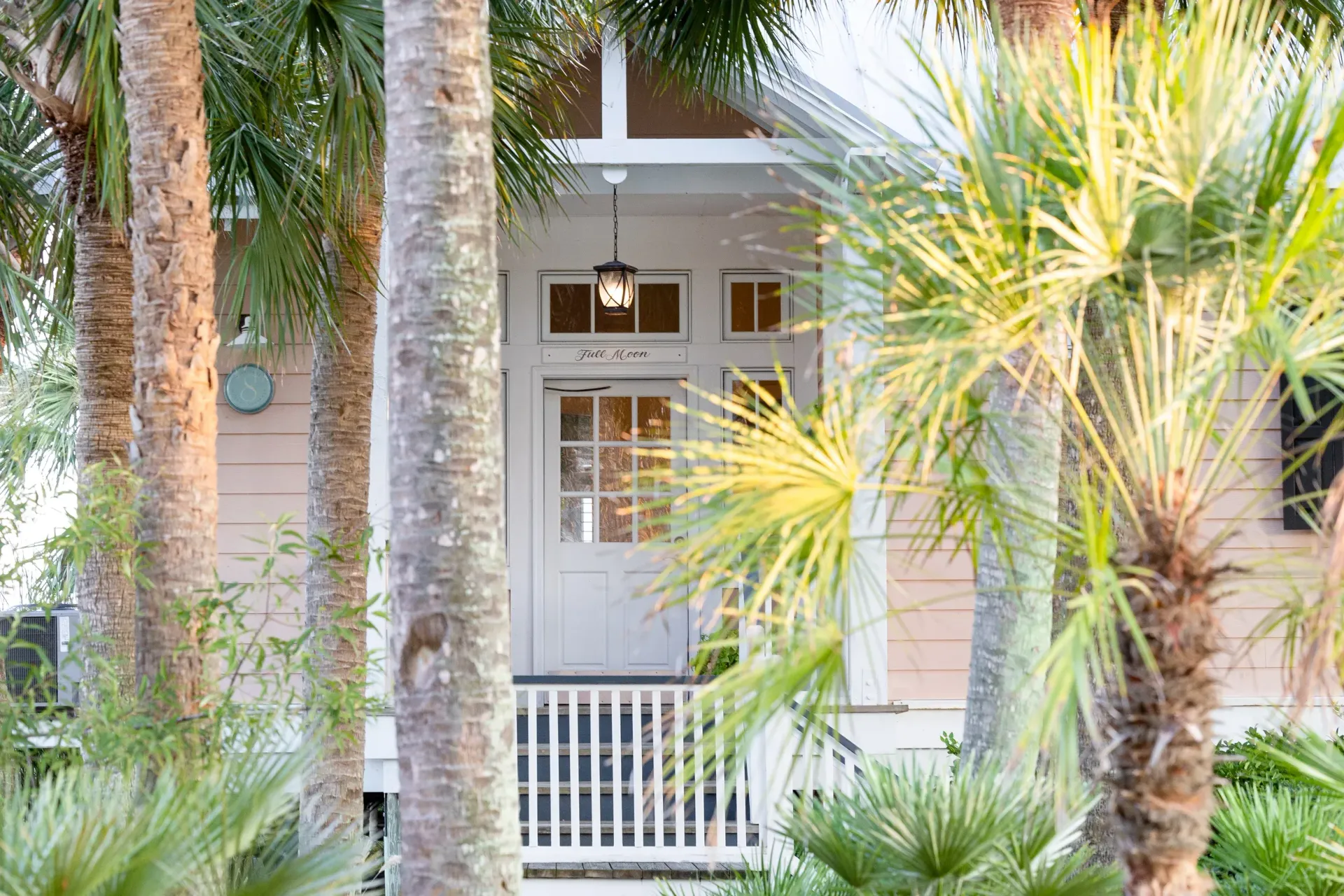 The front of a Cottage surrounded by palm trees