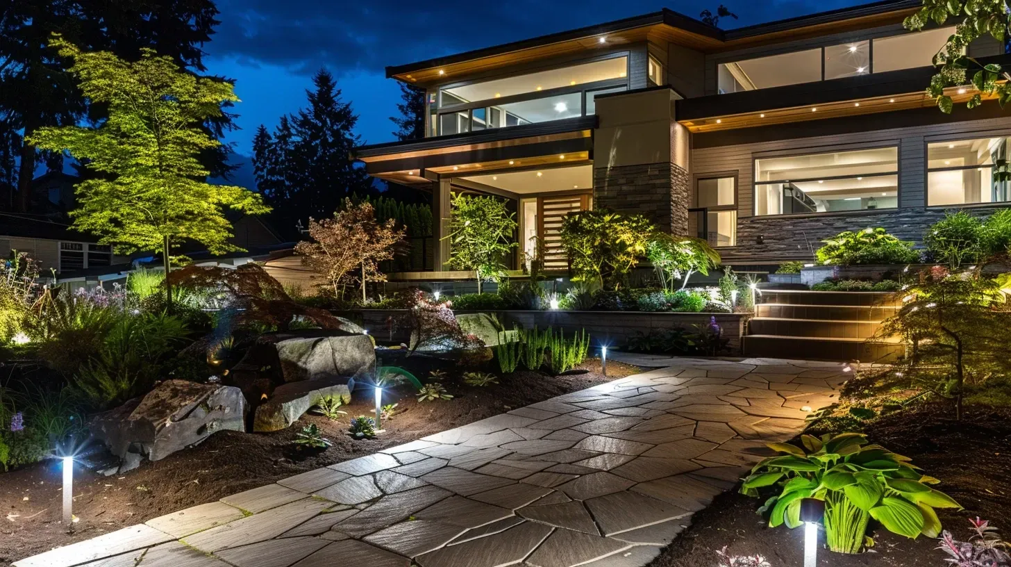 This Coquitlam landscape lighting is dark-sky friendly, reducing light pollution while providing effective illumination for a Westwood Plateau property. Keywords: dark sky friendly, responsible lighting, outdoor lighting.