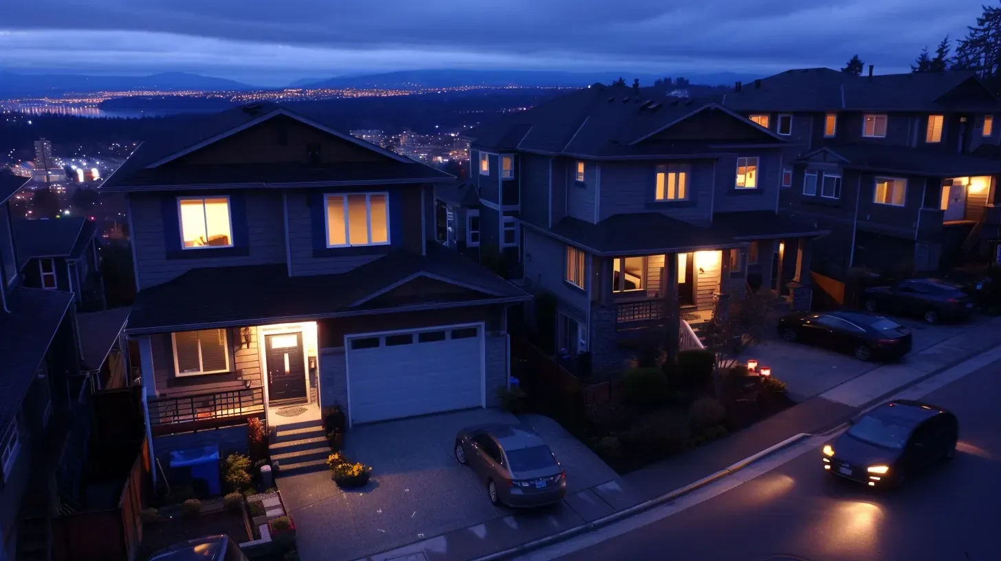 Cool white architectural lighting in Coquitlam BC gives this modern commercial building in Central Coquitlam a sharp look. We tailor exterior lighting to your brand. Keywords: cool white light, modern commercial, professional look.