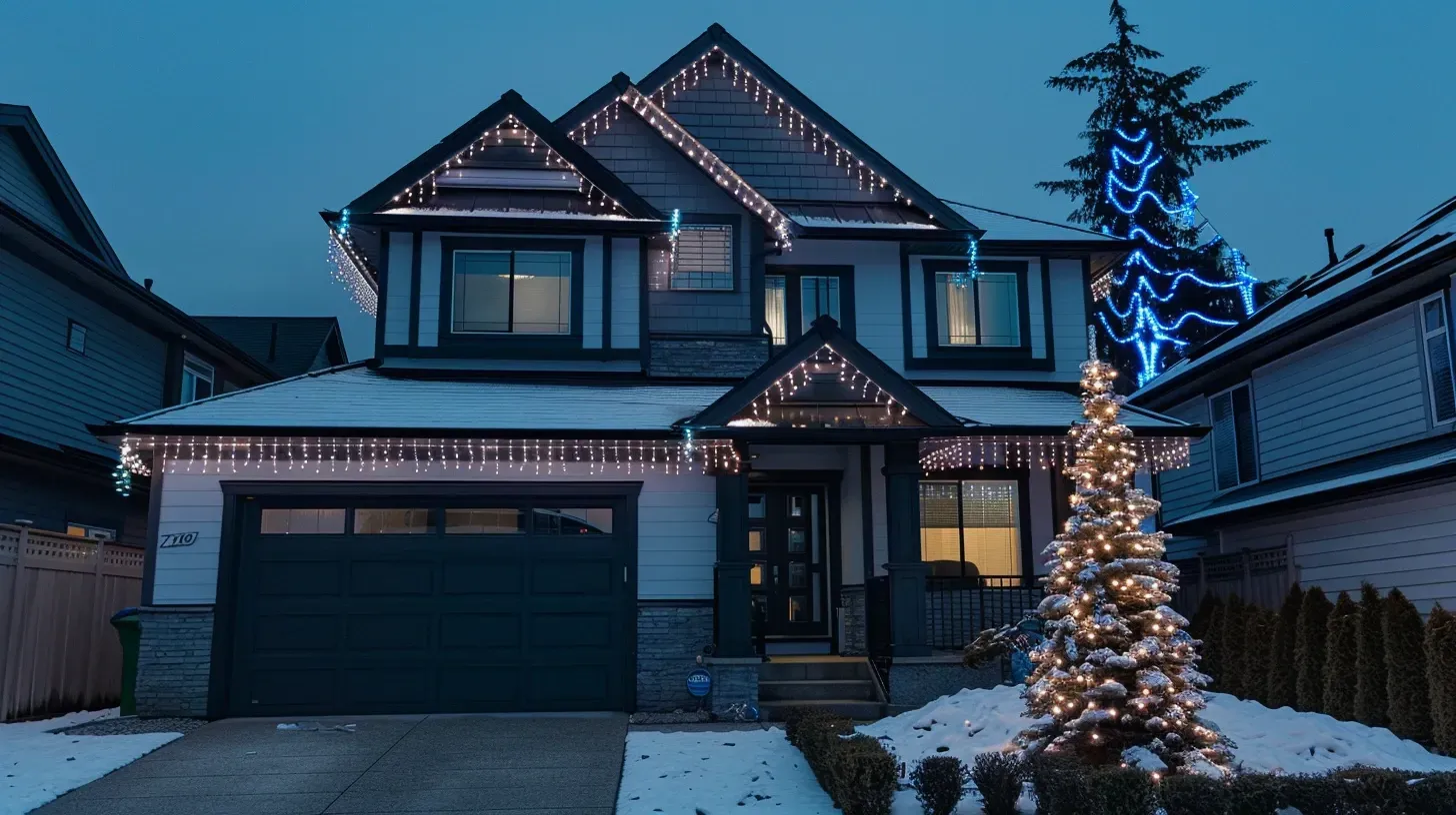 This entire street in a Burke Mountain neighborhood features our Christmas and holiday lighting installations. We handle large, coordinated projects. Keywords: neighborhood lighting, community project, strata lighting.
