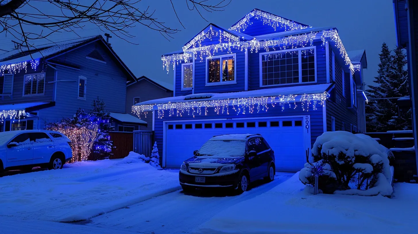 Icicle lights drip from the eaves in this classic Christmas and holiday lighting in Coquitlam BC display in Maillardville. Keywords: icicle lights, traditional decor, classic look.