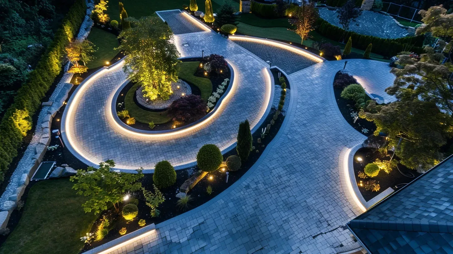 A panoramic view of a large estate with comprehensive architectural lighting in Coquitlam BC. Our exterior lighting designs in Harbour Chines create a cohesive, luxurious look. Keywords: luxury lighting, estate lighting, full property illumination.