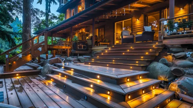 Professional Landscape Lighting Services Vancouver BC outdoor lighting design for residential backyards, patios, gardens, and commercial spaces including LED path lighting, decorative bistro string lights, architectural facade uplighting, driveway floodlights, and full outdoor illumination solutions.