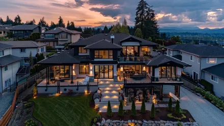 A beautiful water feature is the centerpiece of this Coquitlam landscape lighting design. Our landscape lighting Coquitlam services include safe, submersible LEDs for ponds in Westwood Plateau. Keywords: water feature lighting, pond lights, garden lighting.
