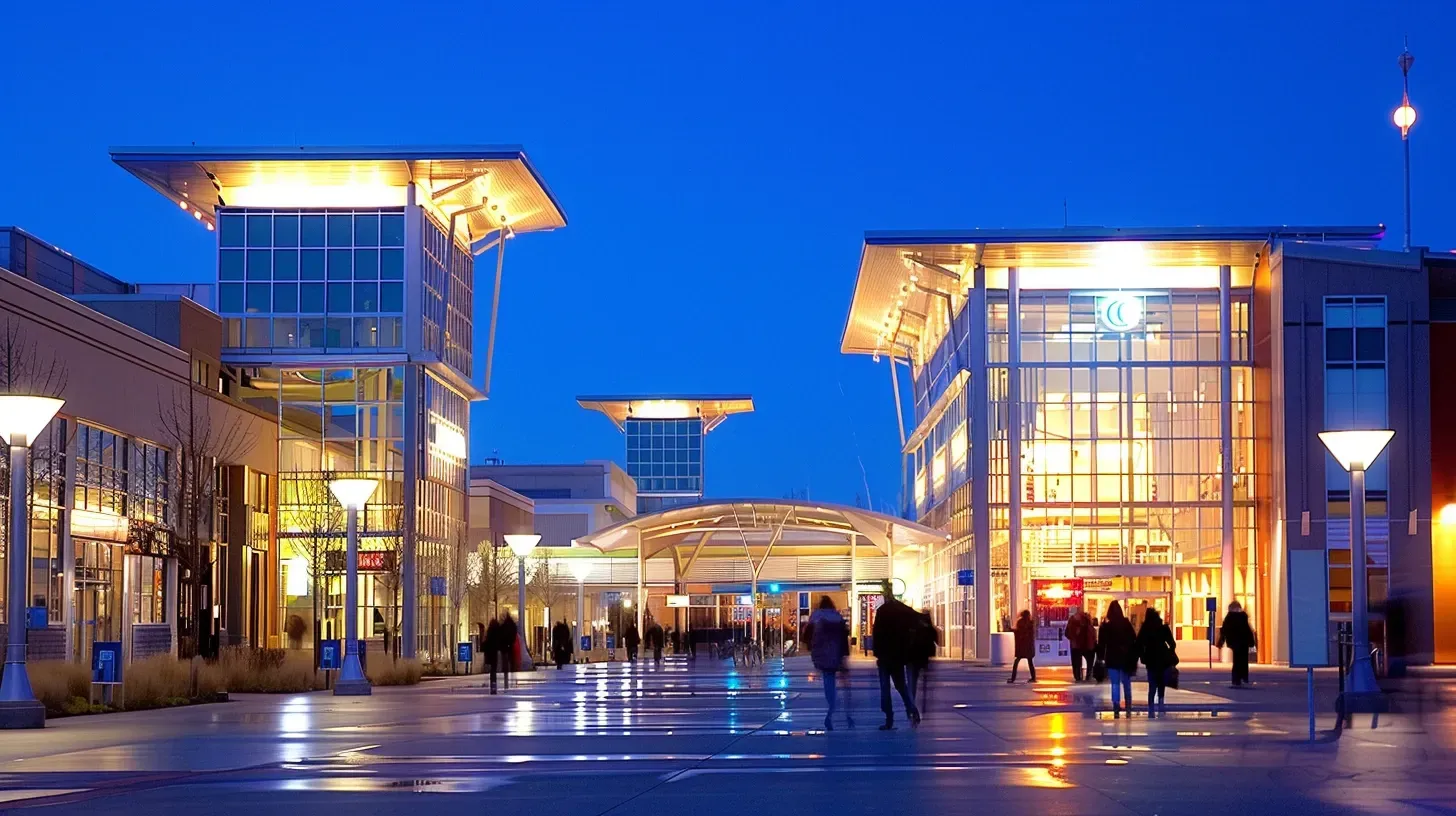 An automated, dusk-to-dawn system controls this commercial lighting in Coquitlam BC for energy management in a Coquitlam West business park. Keywords: smart lighting, energy management, automated system.