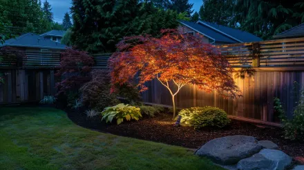 The warm 3000K glow of LED garden lights from a Coquitlam landscape lighting installation. Our landscape lighting Coquitlam services create perfect ambiance in Westwood Plateau and Harbour Chines. Keywords: garden lighting, LED, warm white, outdoor lighting.