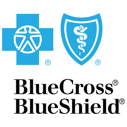 Logos for Blue Cross Blue Shield. The first is a blue cross with a human figure inside a circle, the second a blue shield with a serpent coiled around a staff.