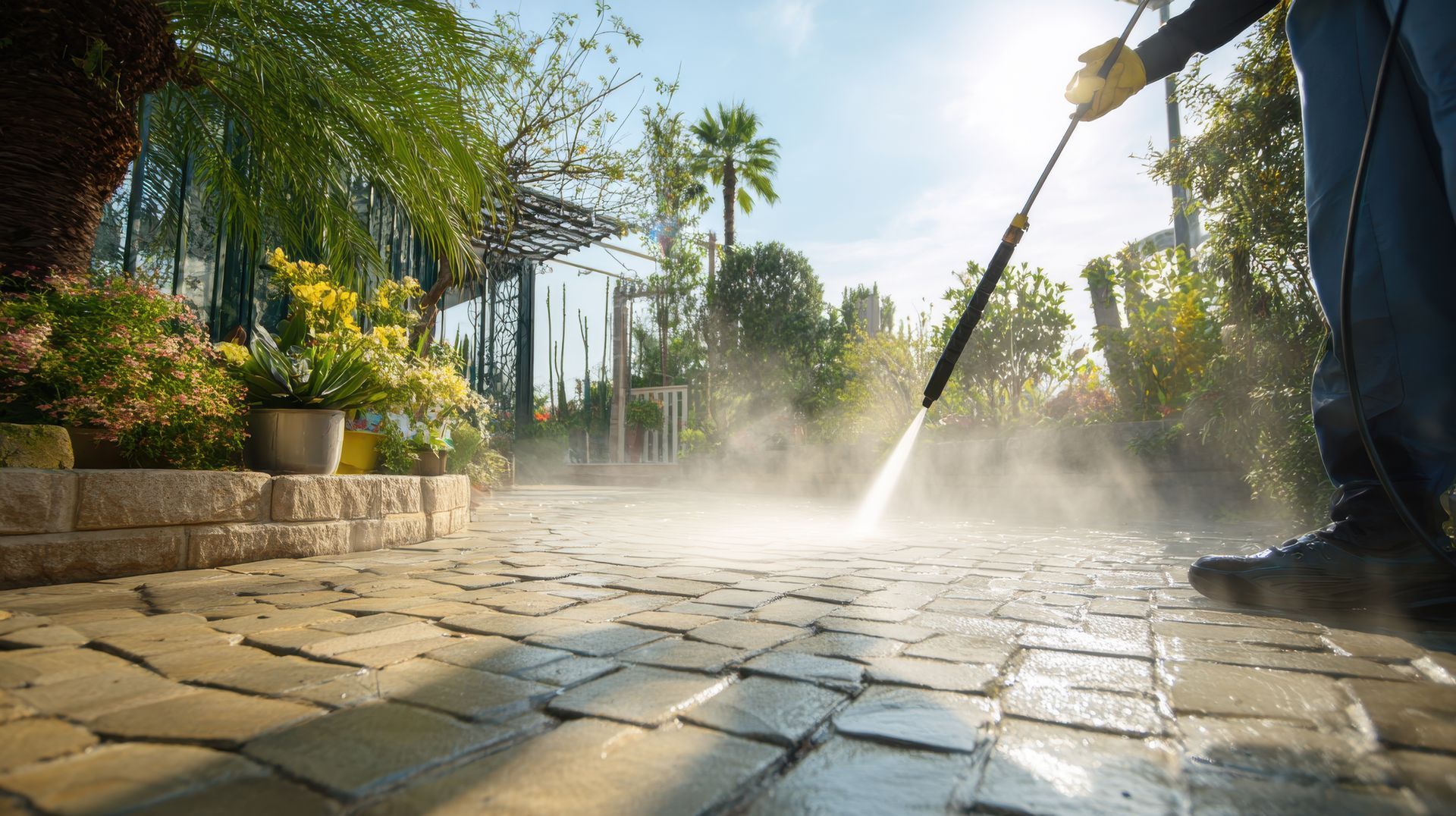 Power cleaning equipment washing stone patio with pressure washer in sunny landscaped yard.