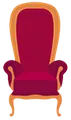 Red upholstered throne with an ornate, light brown frame.