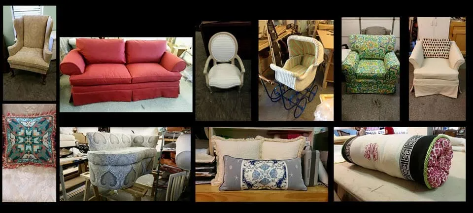 Collection of upholstered furniture and pillows in various styles and colors.
