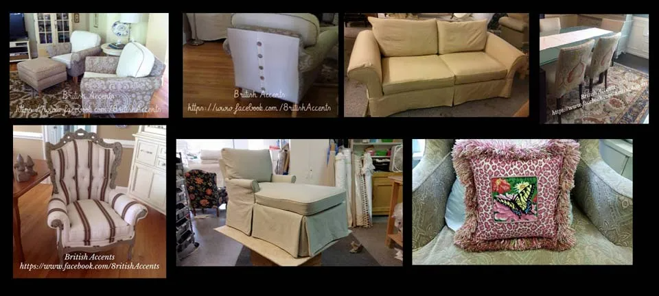 Assortment of reupholstered furniture pieces; sofas, chairs, and pillows in various neutral tones.