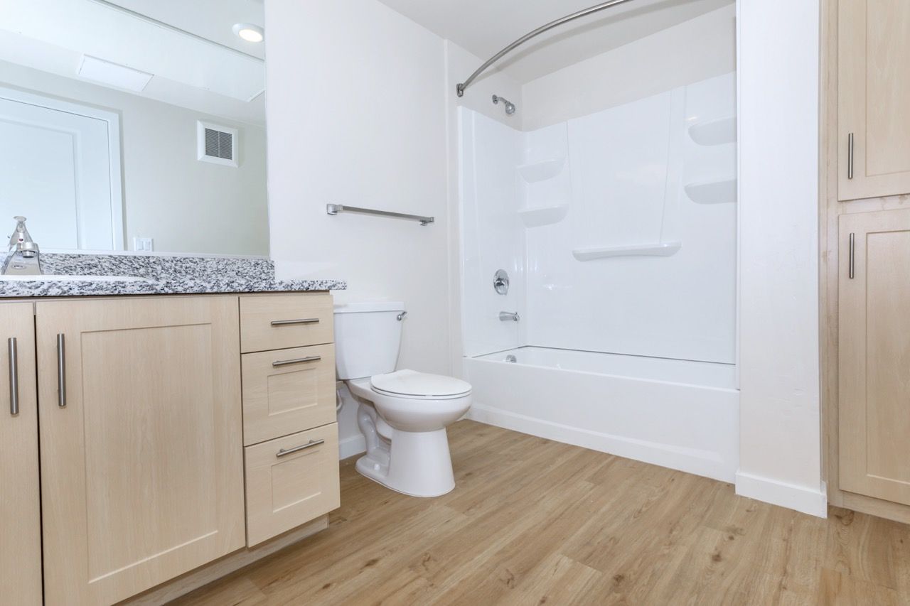 Bathroom in an apartment with a granite vanity, light wood cabinets, toilet, and white tub/shower.
