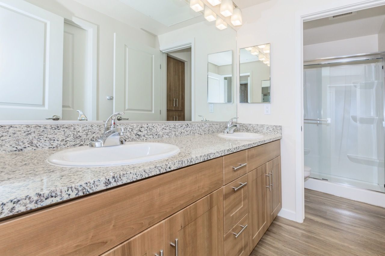 Double-sink bathroom vanity with granite countertop and glass shower.