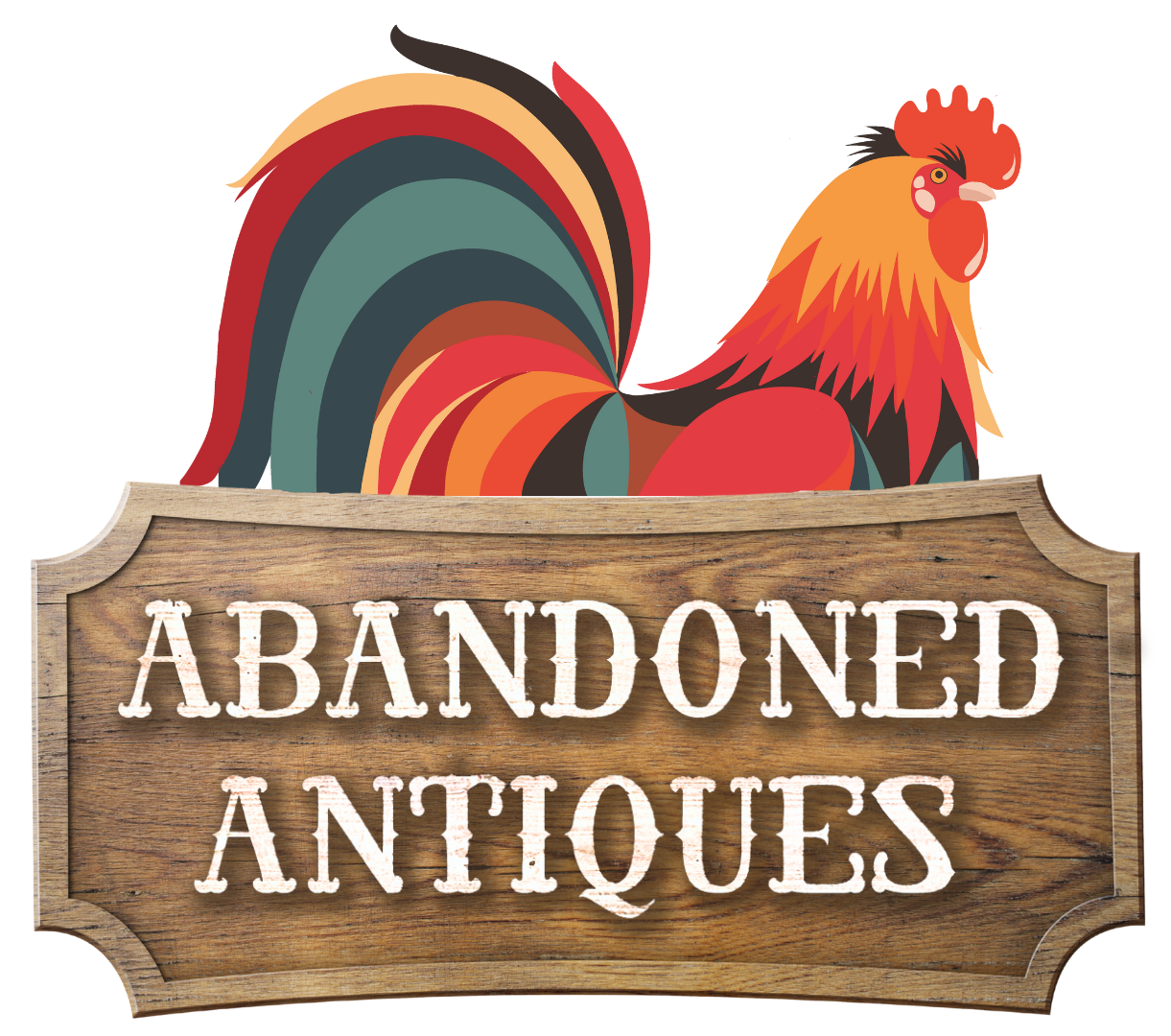 The logo for abandoned antiques has a rooster on it