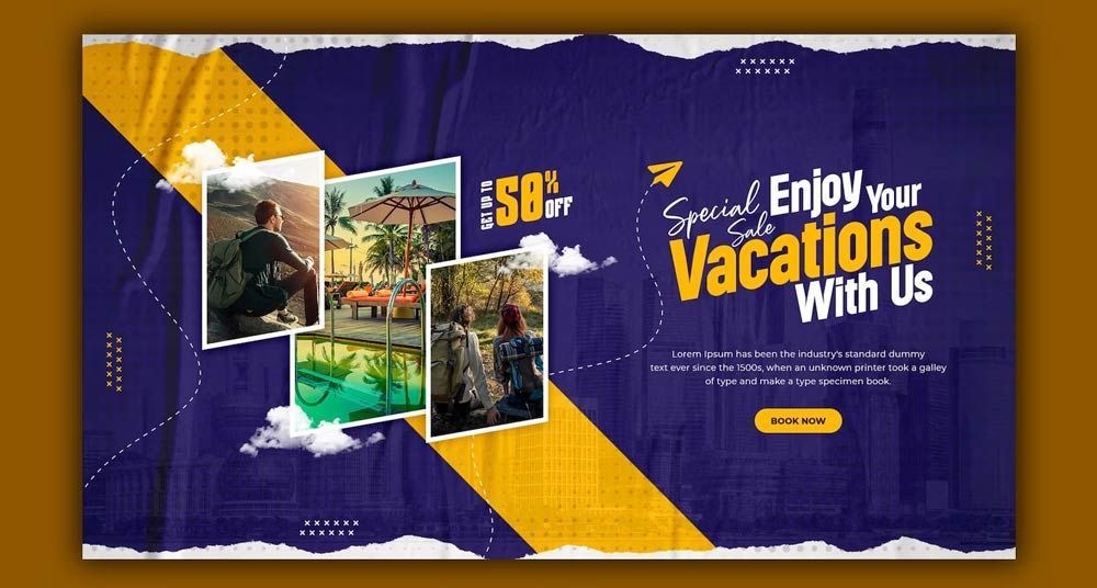 Banner ad with travel photos, blue and yellow design, text 