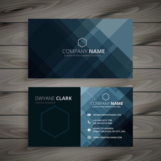 Business card design with dark blue geometric shapes and company information.