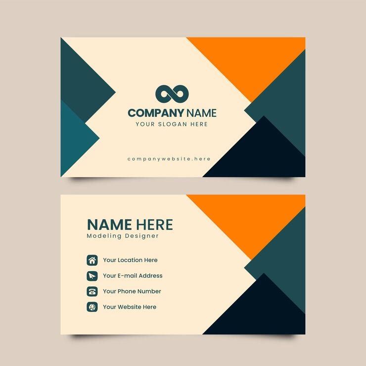 Business cards with geometric design in orange, teal, and cream colors.