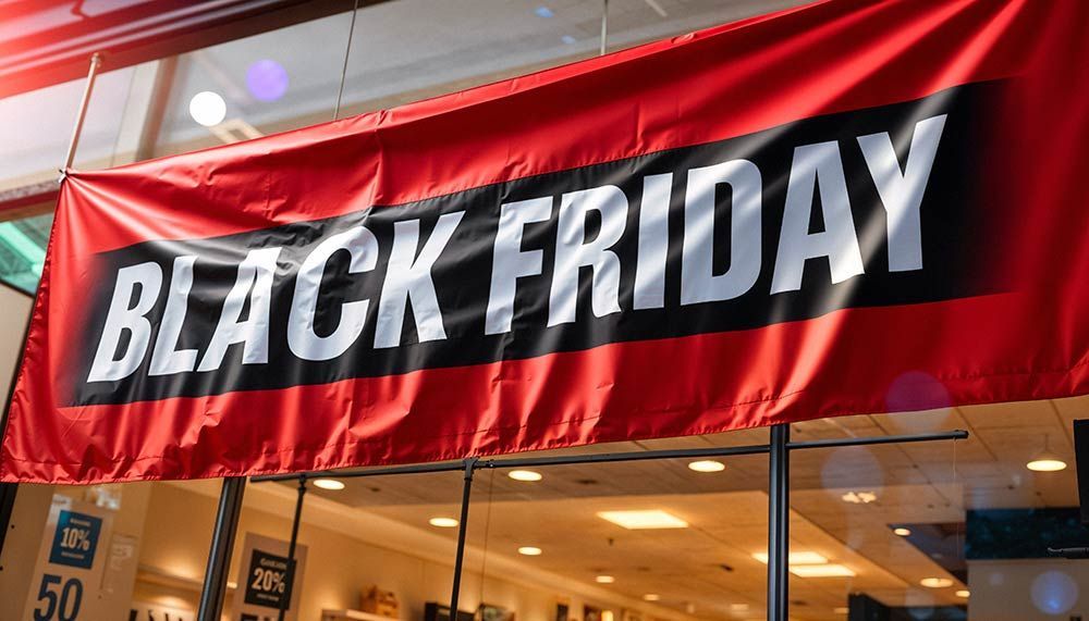 Black Friday banner in red and black outside a store window.
