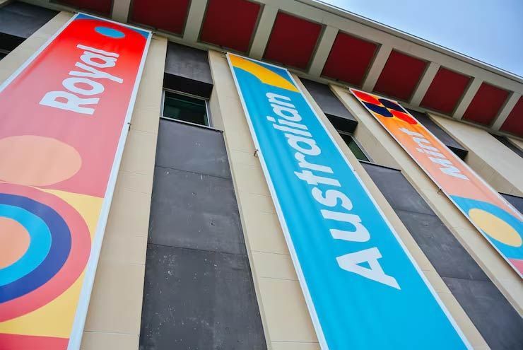 Banners on a building facade: 