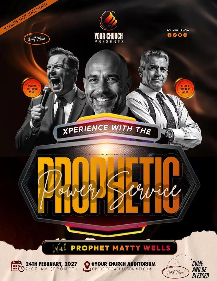 Promotional poster for a prophetic power service. Features three men, title text, and event details.