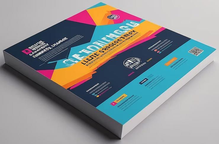 Flyer stack with colorful geometric design, blue, orange, and pink hues.  Promotional text across the top.