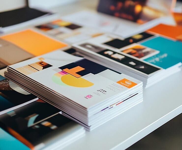 Stacks of brochures with colorful designs on a white surface.