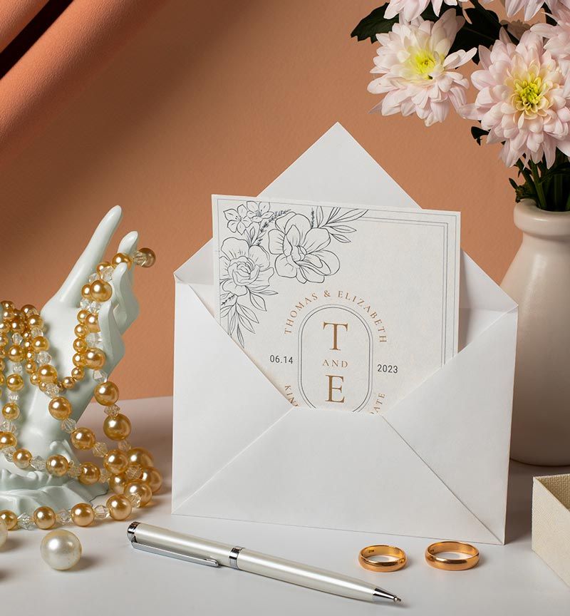 Wedding invitation in white envelope, flowers, jewelry, rings, and pen on a table.