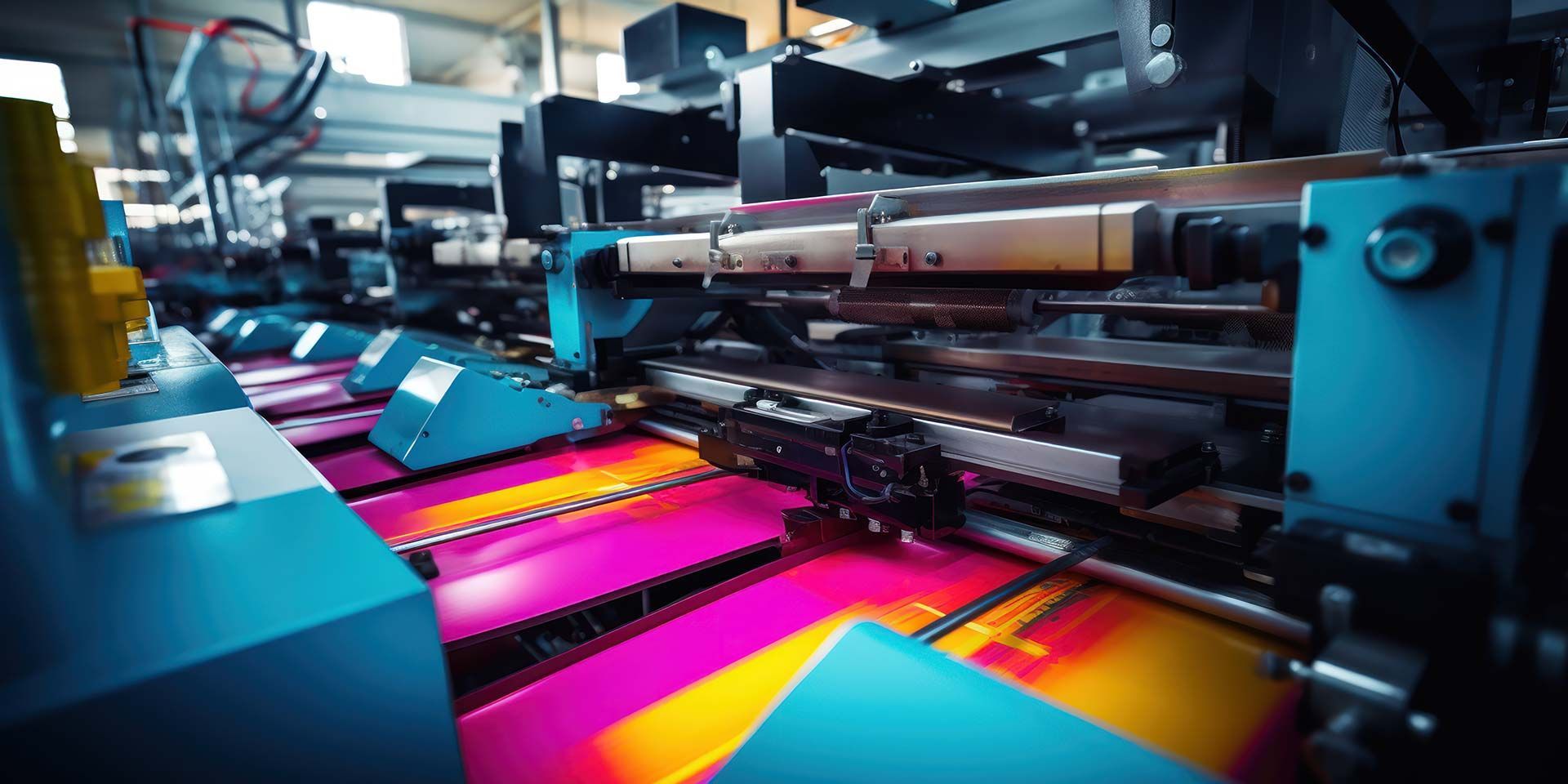 An industrial printing press in operation, with vibrant magenta, yellow, and cyan inks visible.