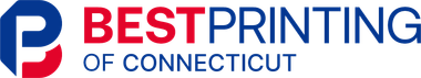 Logo for Best Printing of Connecticut, text in red and blue with a blue and red circular graphic.