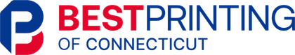Logo for Best Printing of Connecticut, text in red and blue with a blue and red circular graphic.