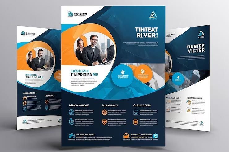 Flyers with business people, orange and blue design, promoting a service.