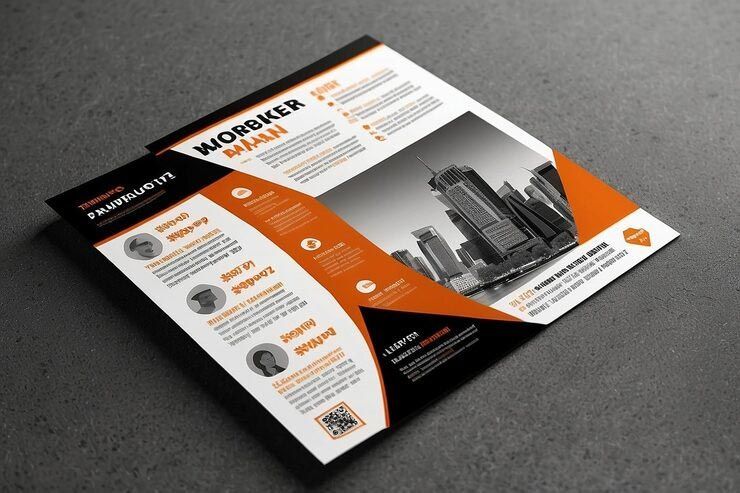 Flyer with an orange, black, and white design featuring a cityscape photo, text, and graphics.