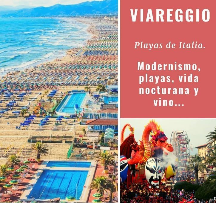 Un cartel de Viareggio muestra una playa y un carnaval.