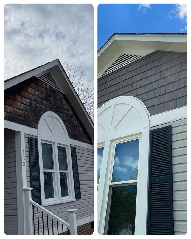 Before-and-after view of a gray house exterior with white trim and arched window details under blue sky