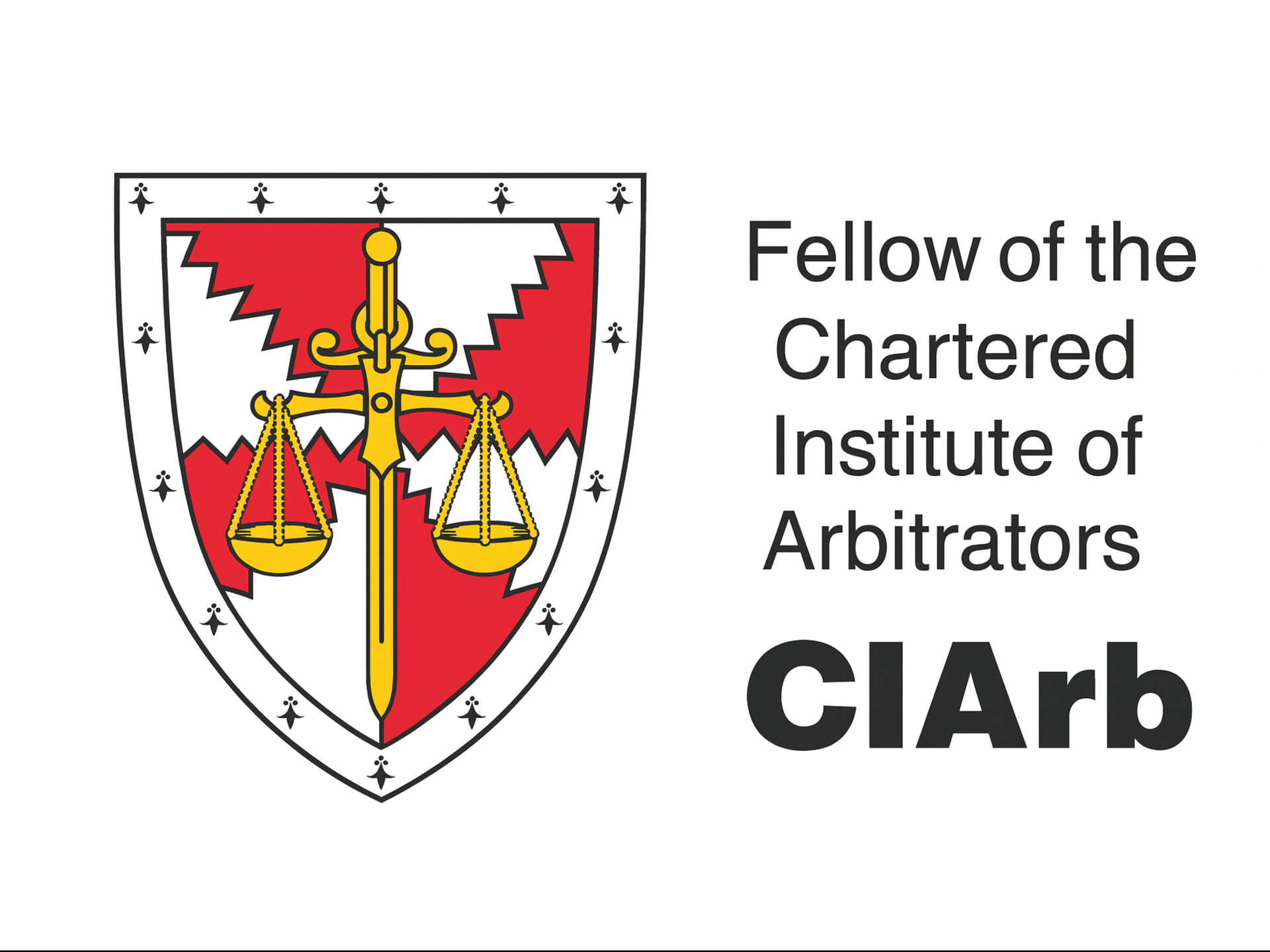 Logo for Chartered Institute of Arbitrators, featuring a shield with scales of justice and a sword, CIArb text.