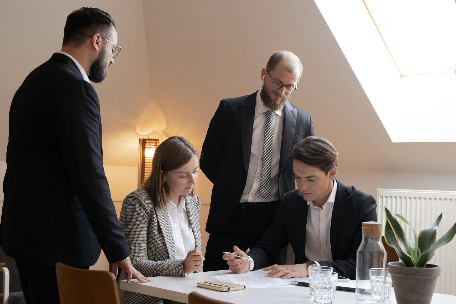 Four businesspeople in suits at a table, reviewing documents.