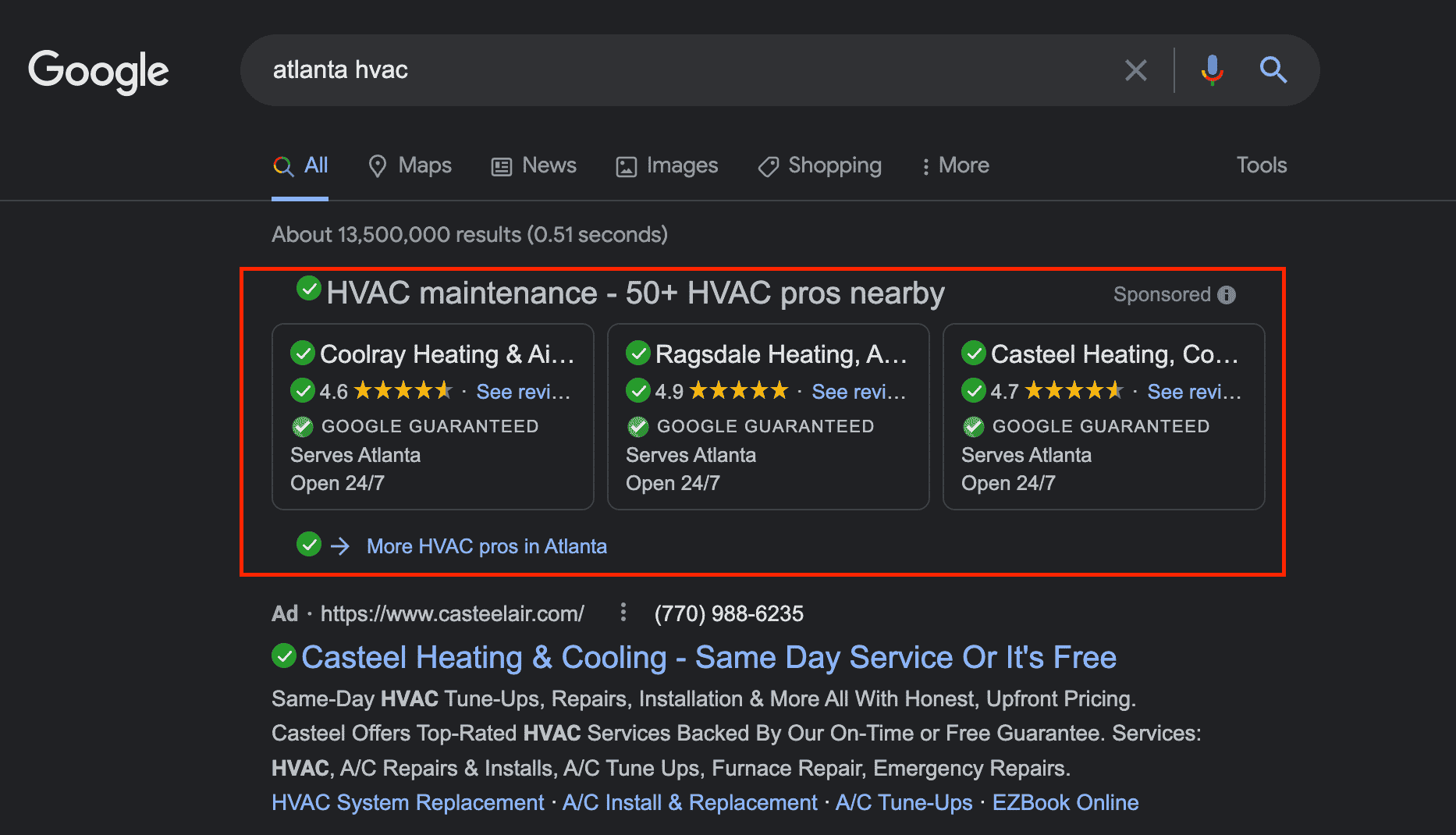 A google search for air conditioning and heating services